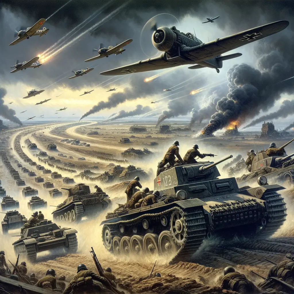Fast-moving military vehicles and aircraft in a Blitzkrieg scene, inspired by 1940s wartime film style.
