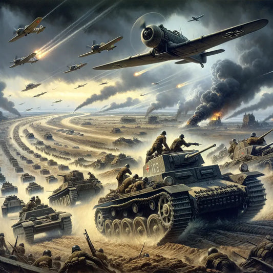 Fast-moving military vehicles and aircraft in a Blitzkrieg scene, inspired by 1940s wartime film style.
