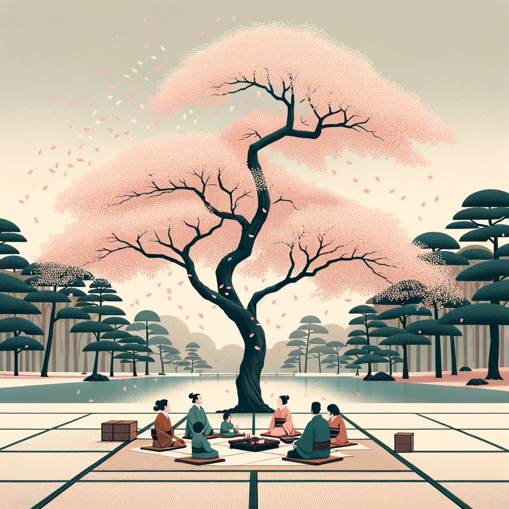 Ein minimalistisches Bild eines Kirschblütenbaums in voller Blüte mit einer Familie beim Hanami-Picknick auf einer Tatami-Matte unter weichen rosa Blüten - ruhig, gelassen und traditionell inspiriert.