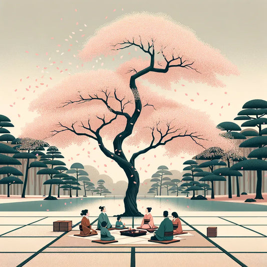 Ein minimalistisches Bild eines Kirschblütenbaums in voller Blüte mit einer Familie beim Hanami-Picknick auf einer Tatami-Matte unter weichen rosa Blüten - ruhig, gelassen und traditionell inspiriert.