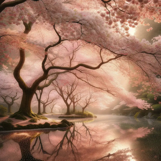 Ein minimalistisches Bild von Kirschblütenbäumen mit einem rosa Blätterdach, durch das Sonnenlicht scheint, was eine Atmosphäre von Erneuerung und vergänglicher Schönheit schafft.