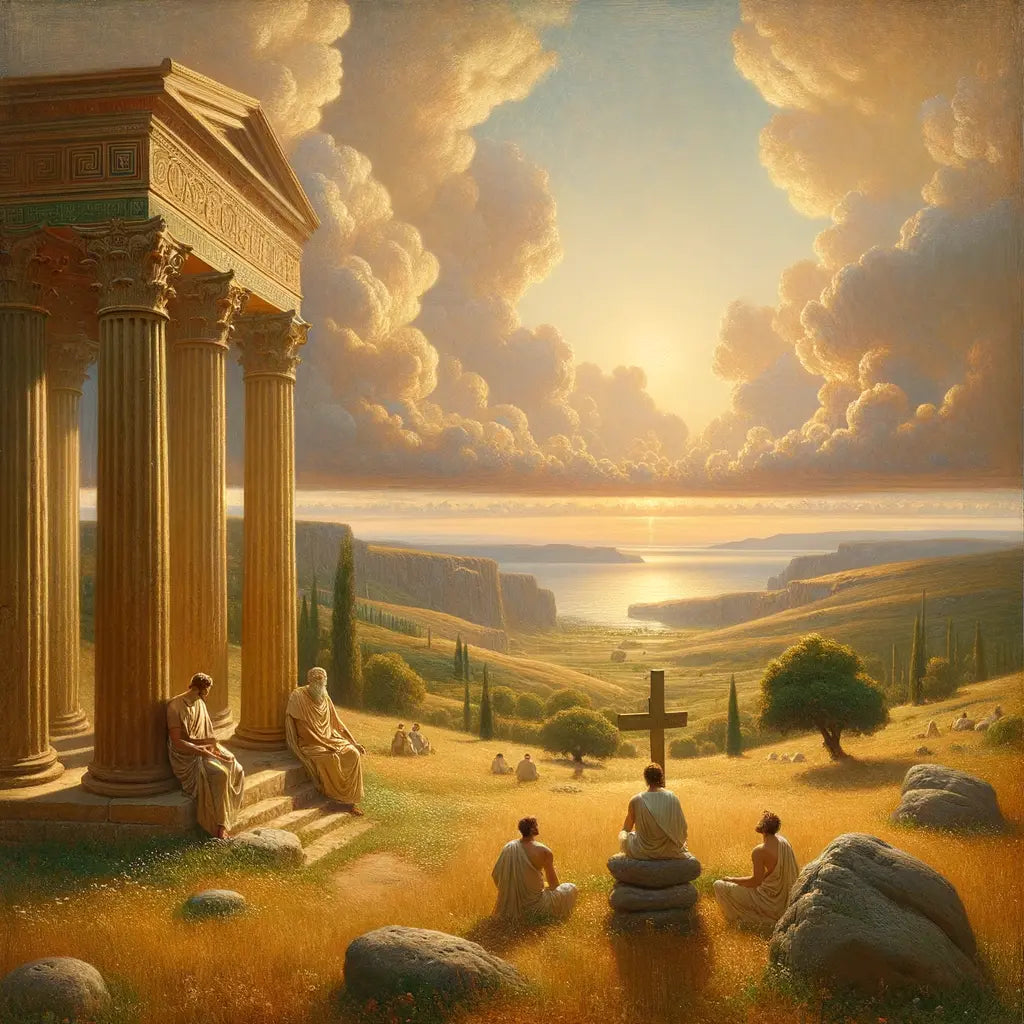 Serene landscape blending Greek columns and Christian crosses under a radiant sky, reflecting wisdom and faith harmony.