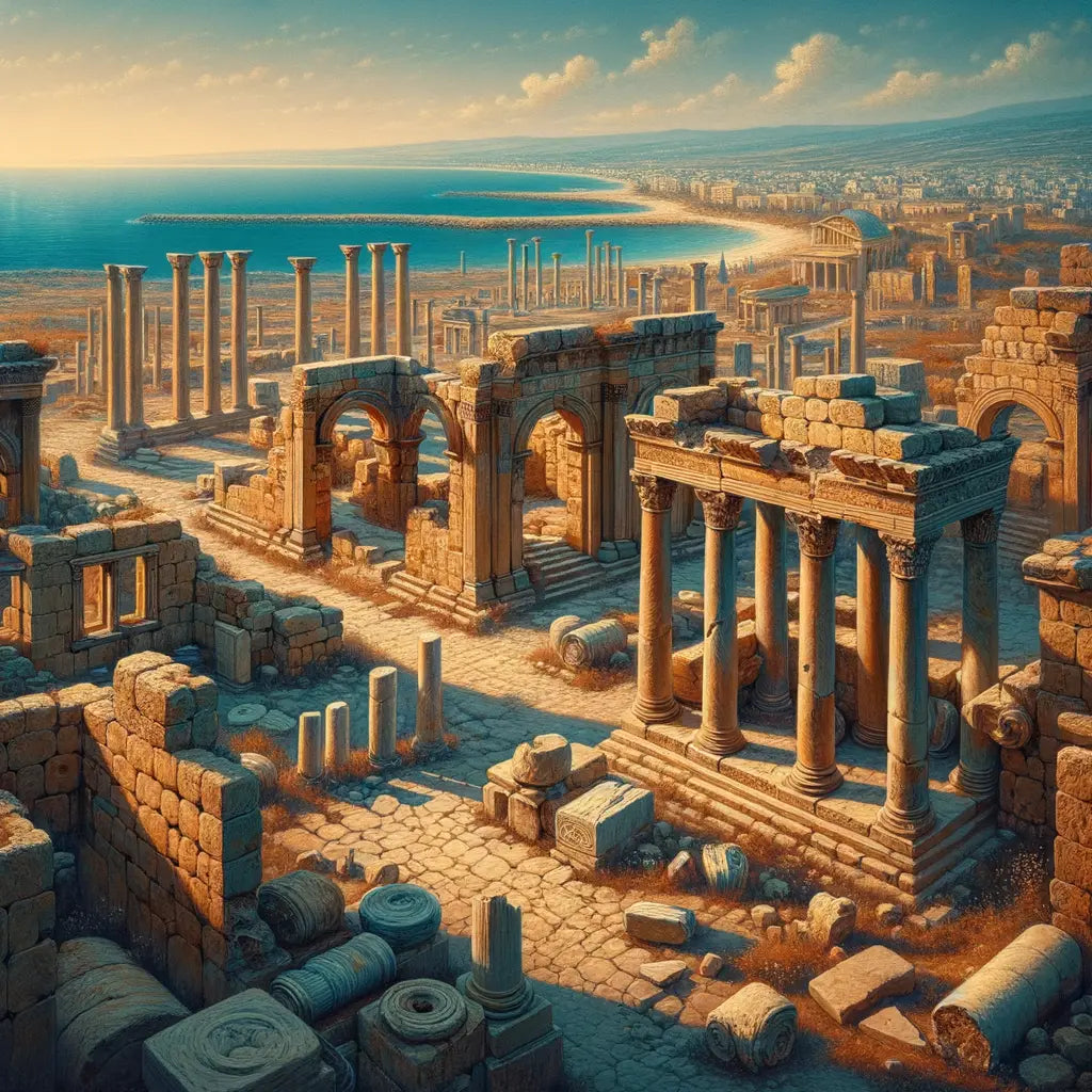 Aerial view of ancient ruins in the city of Citium, Cyprus, showcasing stone columns and arches with the Mediterranean Sea in the background, styled like a 1960s historical epic film.