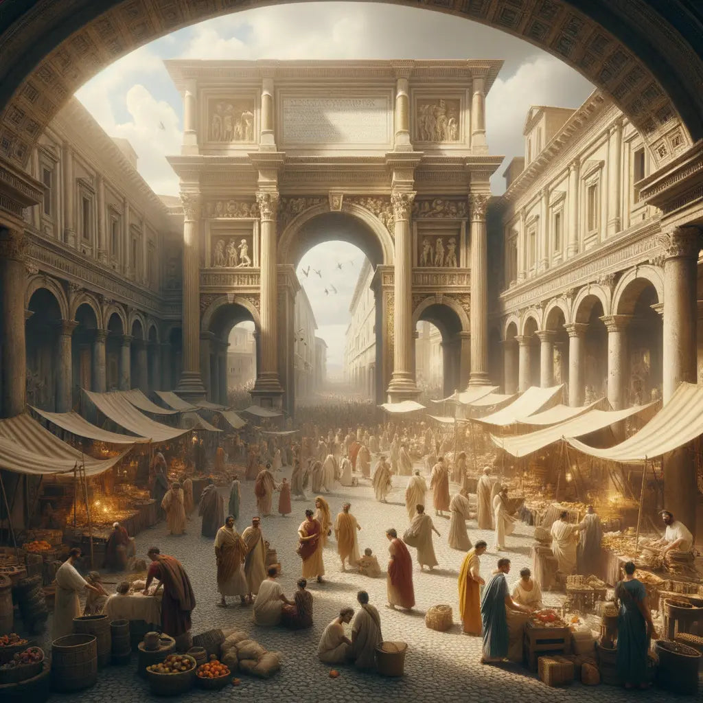 Vivid Roman street scene with markets and grand architecture, bustling with people and activity, styled like a 1960s historical epic.