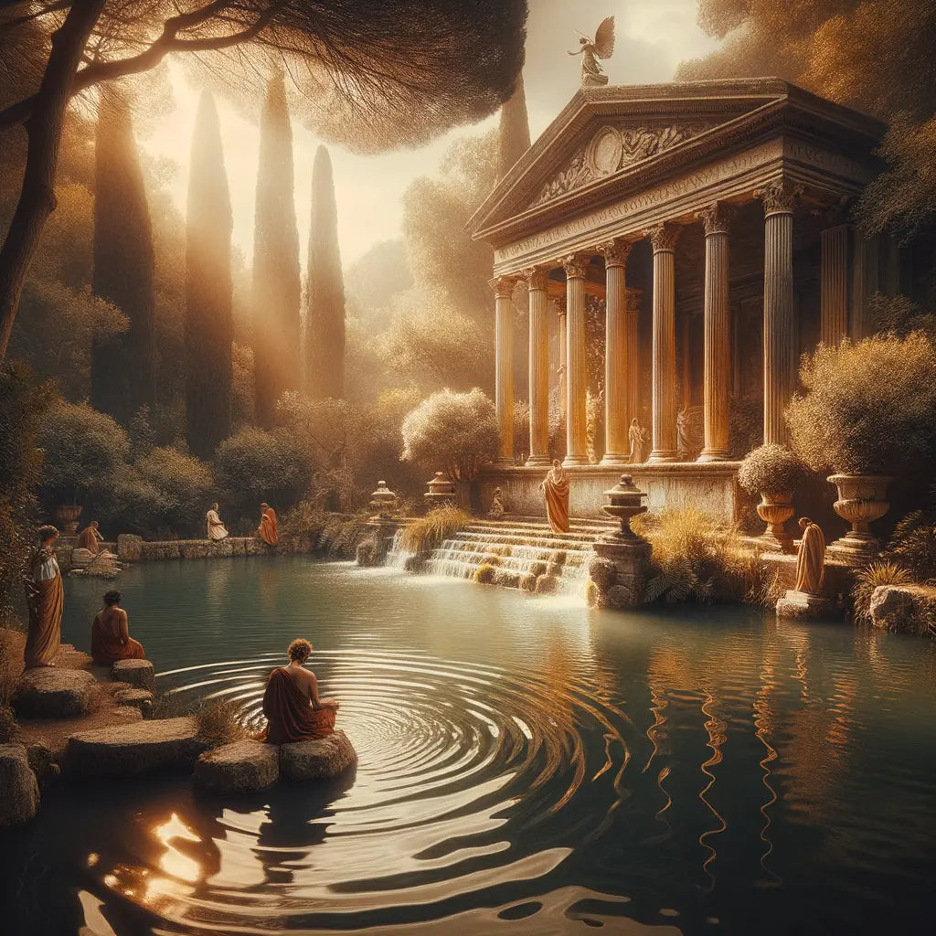 Serene Roman garden pond with gentle ripples, symbolizing peace and resilience, framed by columns and greenery in cinematic style.