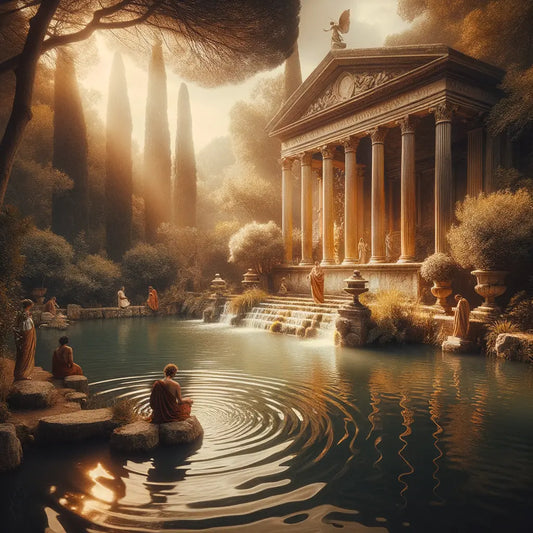 Serene Roman garden pond with gentle ripples, symbolizing peace and resilience, framed by columns and greenery in cinematic style.