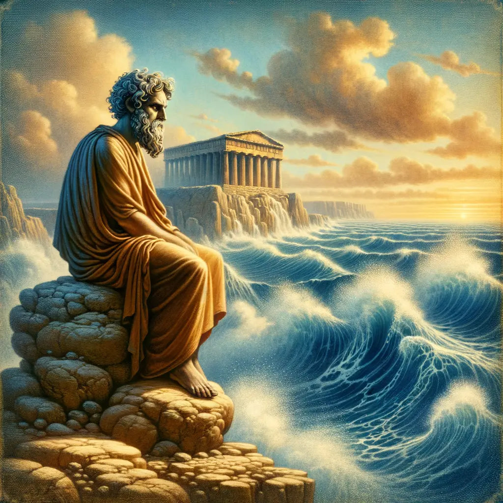 Ancient Greek philosopher stands calmly observing a tumultuous sea, embodying stoicism amid chaos, in a scene reminiscent of 1960s historical epic films.