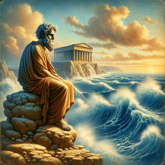 Ancient Greek philosopher stands calmly observing a tumultuous sea, embodying stoicism amid chaos, in a scene reminiscent of 1960s historical epic films.
