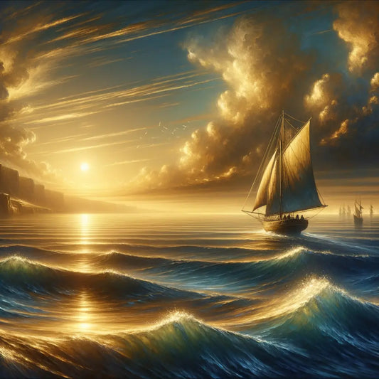 A lone sailboat in a calm ancient sea, symbolizing stoicism, inspired by 1960s epic film style.