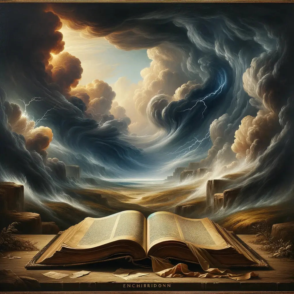 An open book titled 'Enchiridion' amidst a dramatic storm, symbolizing inner peace amid chaos, inspired by 1960s Roman historical epic films.