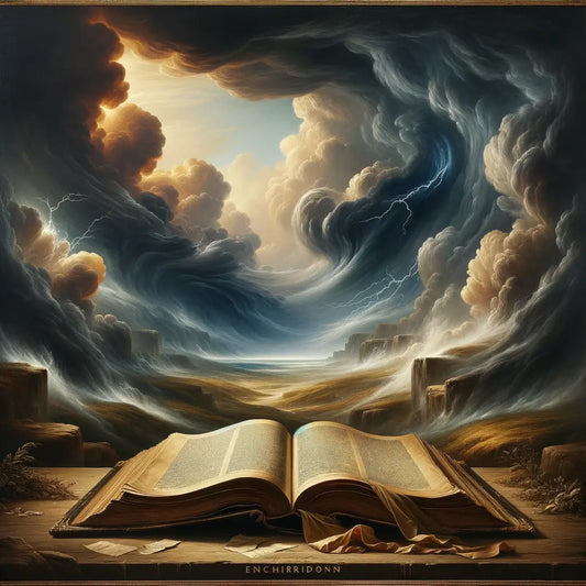 An open book titled 'Enchiridion' amidst a dramatic storm, symbolizing inner peace amid chaos, inspired by 1960s Roman historical epic films.