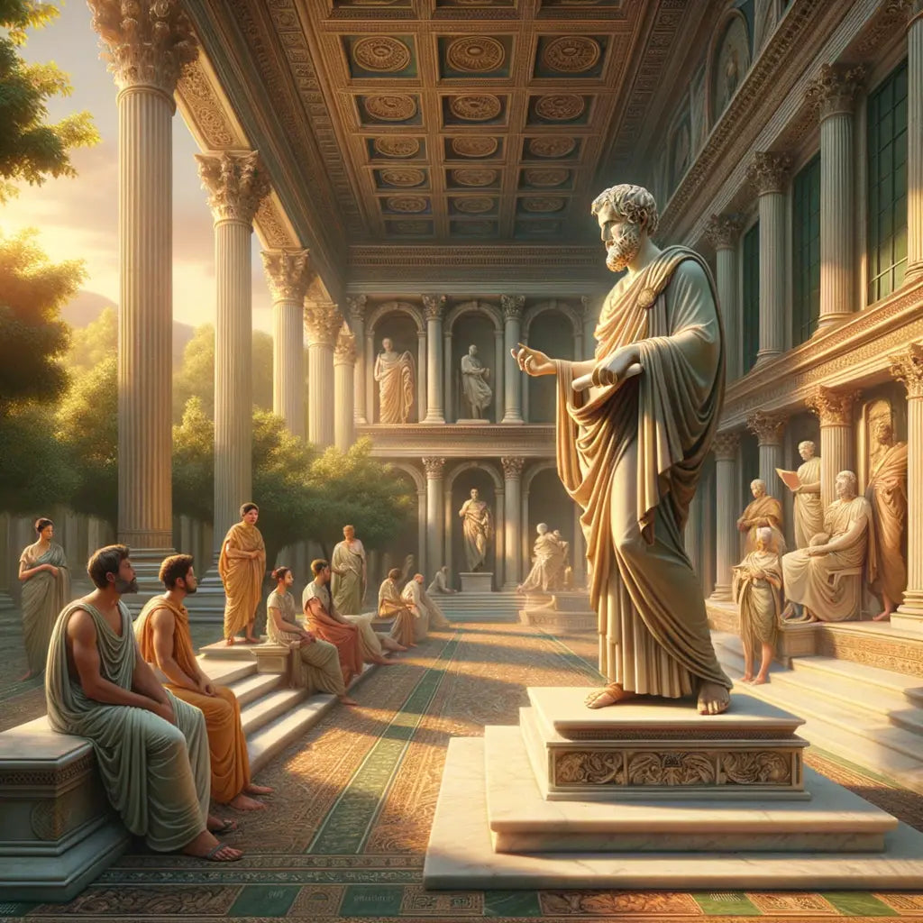 Epictetus, the ancient philosopher, seated in a contemplative pose with a scroll in hand, amidst a serene Roman garden setting, evocative of 1960s historical epic films.
