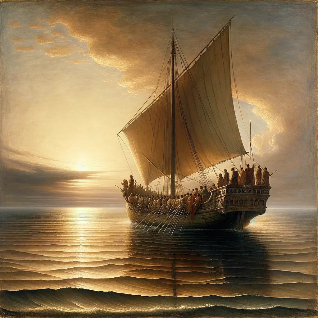 A serene sea with a Roman ship navigating through gentle waves, symbolizing Epictetus' philosophy on mastering fate, styled like a 1960s historical epic film.