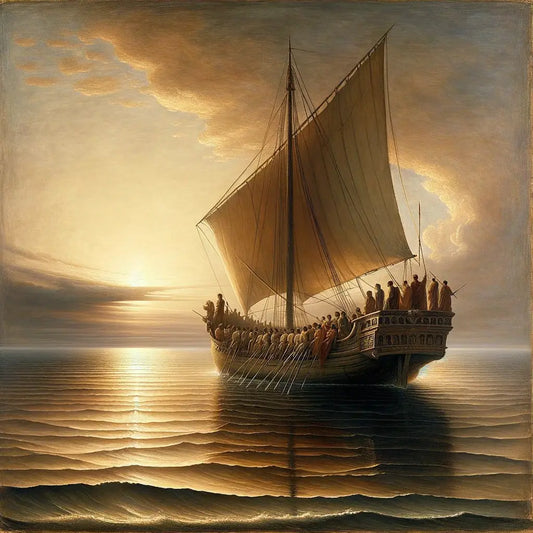A serene sea with a Roman ship navigating through gentle waves, symbolizing Epictetus' philosophy on mastering fate, styled like a 1960s historical epic film.