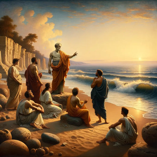 A serene Roman beach scene with a philosopher resembling Epictetus discussing virtue with followers, inspired by 1960s historical epic films.