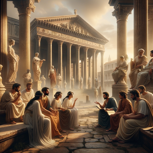 Ancient Roman men and women in togas engaged in philosophical discourse in a majestic forum, with marble columns and warm lighting, evoking 1960s historical film style.
