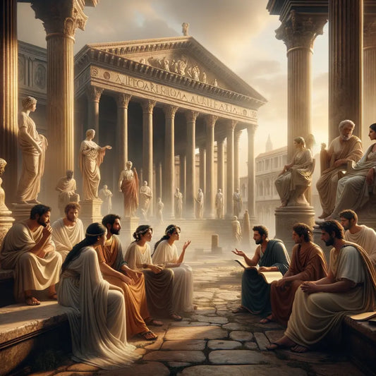 Ancient Roman men and women in togas engaged in philosophical discourse in a majestic forum, with marble columns and warm lighting, evoking 1960s historical film style.
