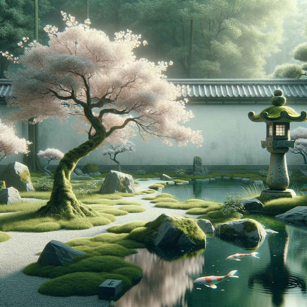 Ein ruhiger japanischer Garten mit Kirschblüten in voller Blüte, symbolisiert kulturelle Schönheit und Ruhe.