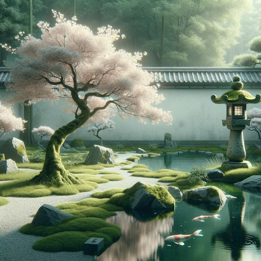 Ein ruhiger japanischer Garten mit Kirschblüten in voller Blüte, symbolisiert kulturelle Schönheit und Ruhe.