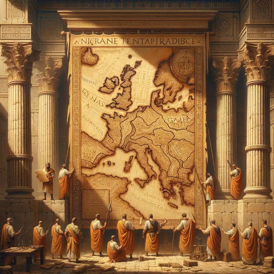A conceptual illustration of an ancient map of Gaul overlaid with Roman territories, studied by Roman cartographers, styled like a 1960s historical epic.