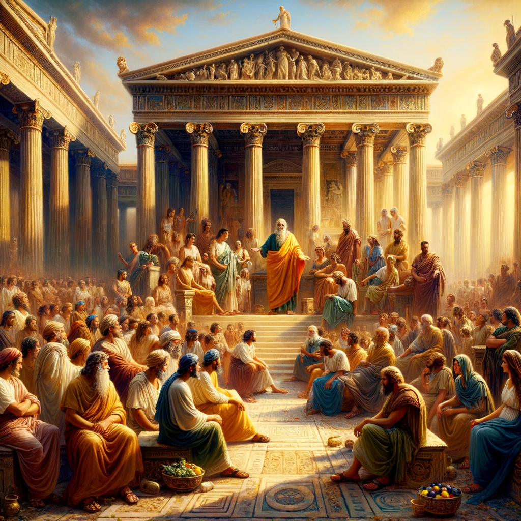 Ancient Greek philosopher lecturing to attentive citizens in a lively Athenian marketplace, inspired by 1960s historical epic films.