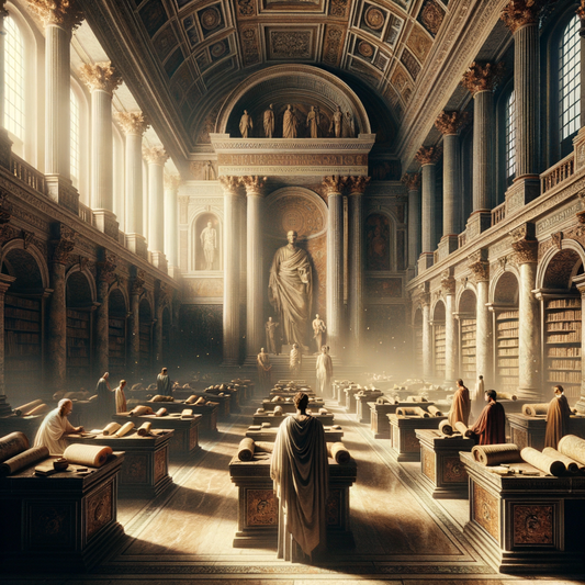 Serene Roman library with ancient scrolls, marble columns, and scholars, reminiscent of 1960s historical film epics.