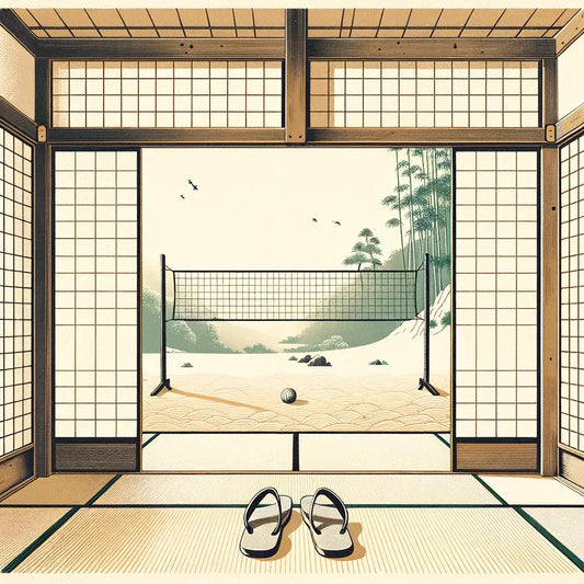 Eine minimalistische Darstellung eines Volleyballspiels im traditionellen japanischen Stil, mit Zen-Garten-Elementen und weichen Lichtakzenten — inspiriert von der Kultur und Ästhetik Japans.