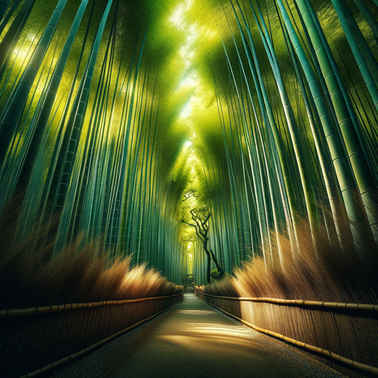 A serene bamboo forest in Arashiyama, Japan with sunlight filtering through the tall stalks.