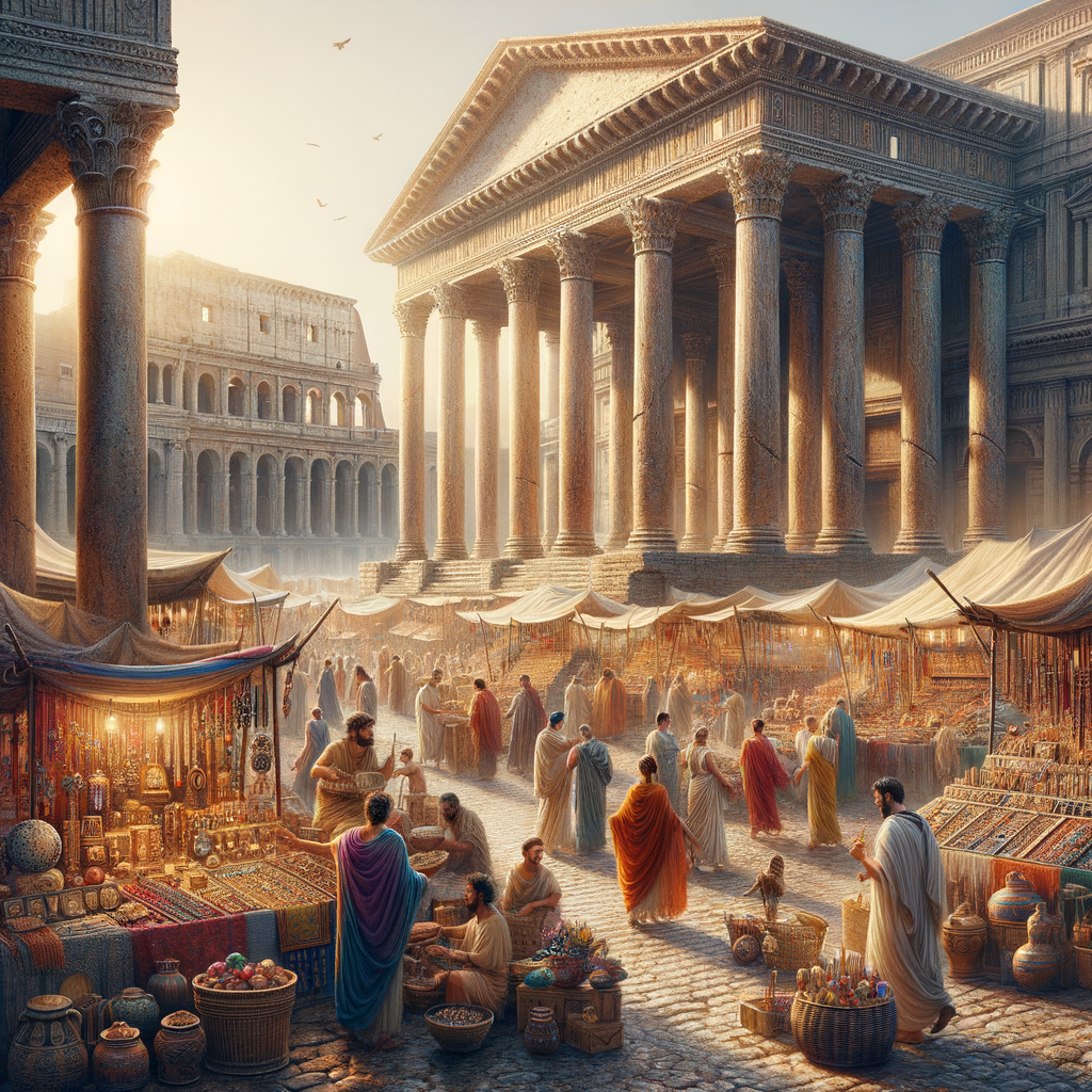 A bustling Roman street market scene with citizens trading colorful goods under the warm sun, inspired by 1960s historical epics.