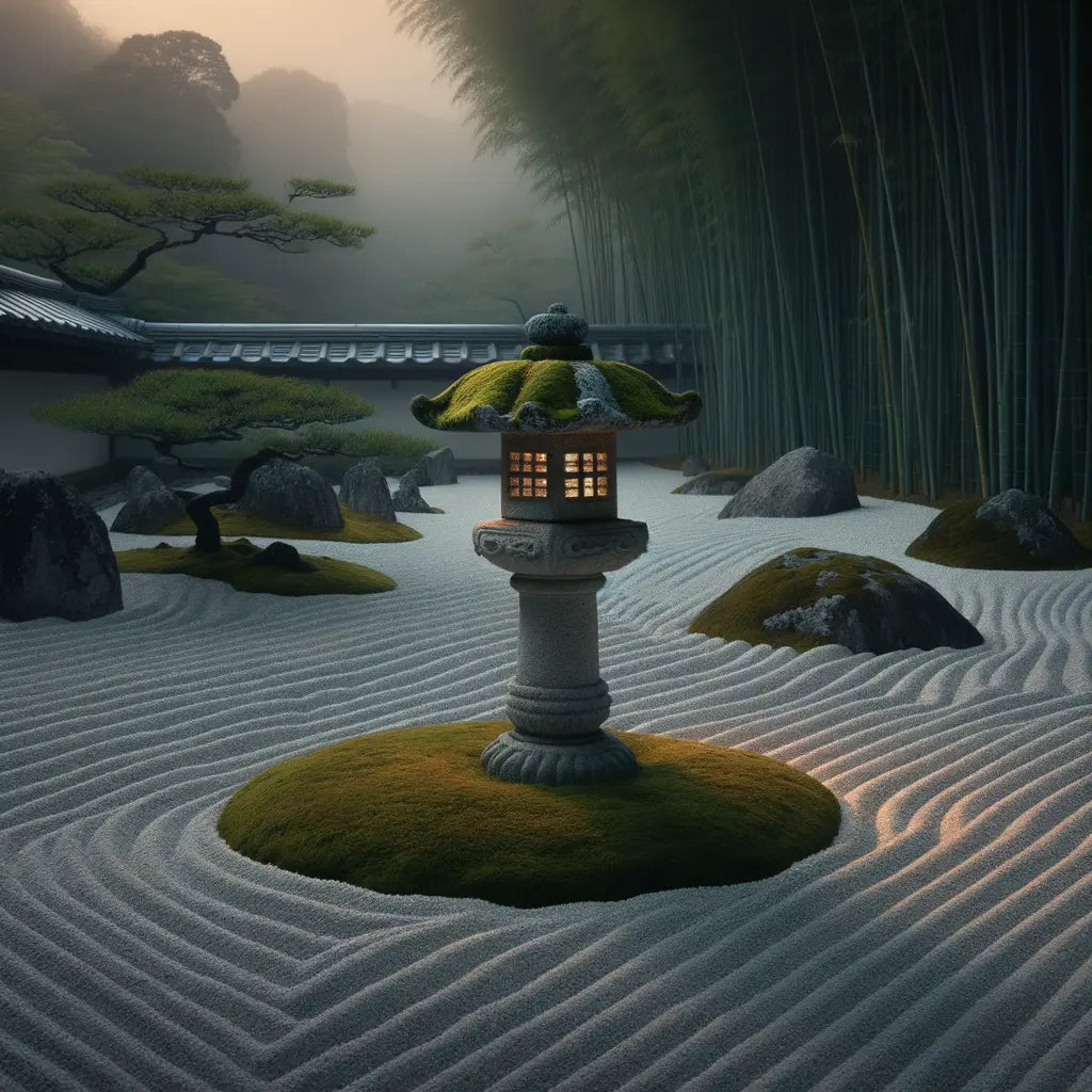 Ein minimalistischer Zen-Steingarten bei Dämmerung mit einer moosbedeckten Steinlaterne, umgeben von beruhigenden Kieswellen und einem sanften Bambus-Hintergrund in abendlichem Nebel — traditionell und besinnlich.