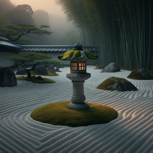 Ein minimalistischer Zen-Steingarten bei Dämmerung mit einer moosbedeckten Steinlaterne, umgeben von beruhigenden Kieswellen und einem sanften Bambus-Hintergrund in abendlichem Nebel — traditionell und besinnlich.