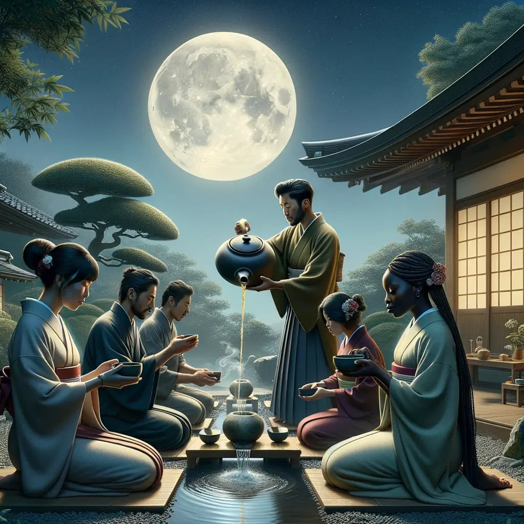 A serene image depicting a traditional Japanese tea ceremony illuminated by the light of a full moon.