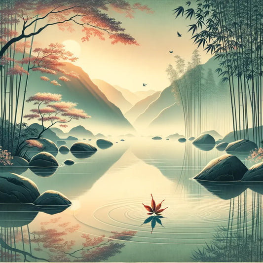 Ein ruhiger japanischer Karpfenteich bei Morgendämmerung mit einem Ahornblatt auf dem Wasser, umgeben von Bambus im sanften Licht.