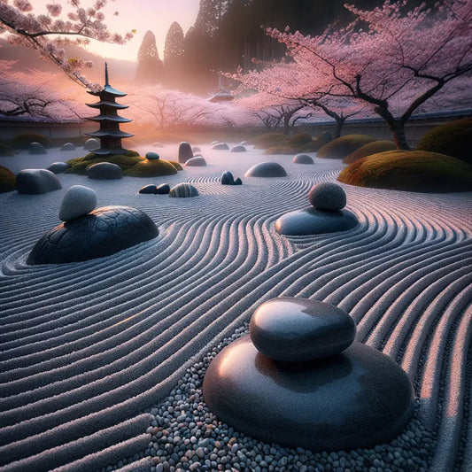 A depiction of a tranquil Zen garden at dawn with cherry blossoms.