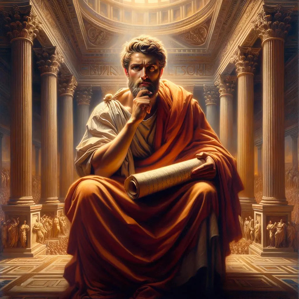 Marcus Aurelius seated in deep thought, holding a scroll with ancient Roman columns and arches in the background, inspired by classic 1960s historical epic films.