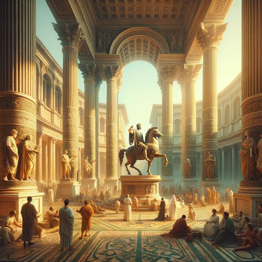 Statue of Marcus Aurelius on horseback, embodying leadership in a classic Roman Forum scene, inspired by 1960s historical epic films.
