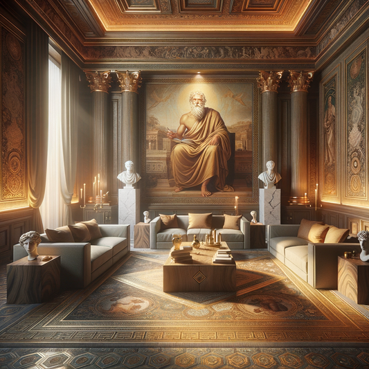 Elegant modern room with Marcus Aurelius-themed wall art, combining contemporary and ancient Roman decor to evoke introspection.
