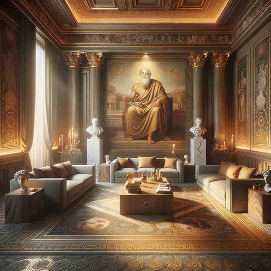 Elegant modern room with Marcus Aurelius-themed wall art, combining contemporary and ancient Roman decor to evoke introspection.