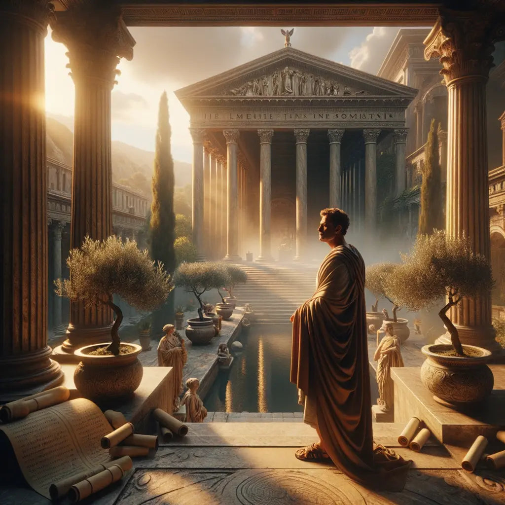 Marcus Aurelius in introspection surrounded by Stoic symbols in a Roman garden, reminiscent of 1960s historical films.