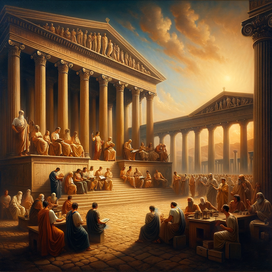 Greek philosophers in a symbolic blend with modern thinkers, depicting philosophy's timelessness, in a 1960s historical epic film style.