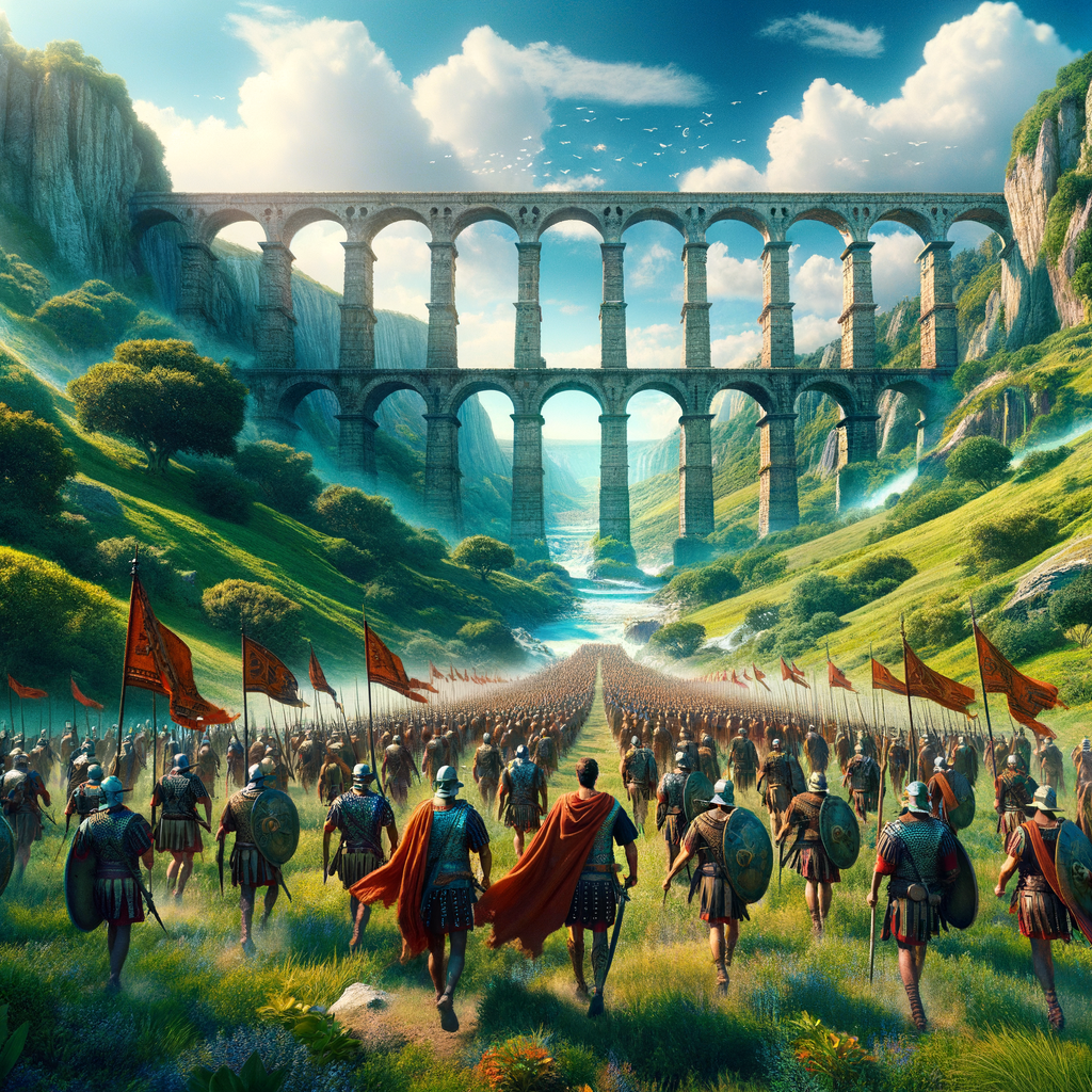 Roman legion marching in a valley with aqueduct and banners