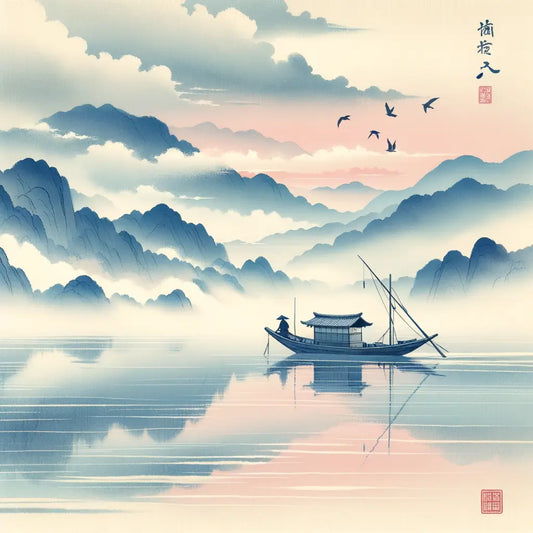 Ein traditionelles japanisches Meeresbild bei Sonnenaufgang, mit einem ruhigen Ozean, einem einfachen Fischerboot und sanften Farben, die Harmonie und Stille ausstrahlen.