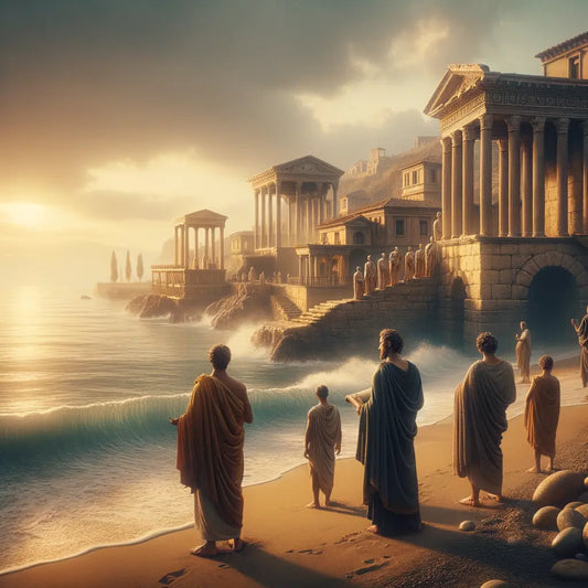 Roman philosophers in togas contemplating a serene seashore, with gentle waves and monumental coastal architecture, evoking the essence of stoicism in a 1960s historical epic style.