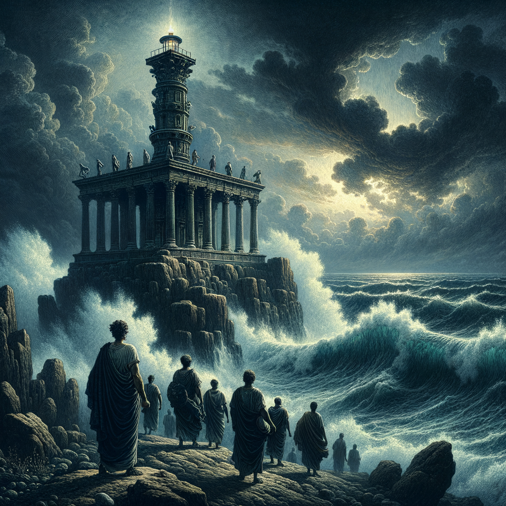 An ancient Roman lighthouse stands firm against stormy seas, embodying resilience and guidance, in a style reminiscent of 1960s historical epics.