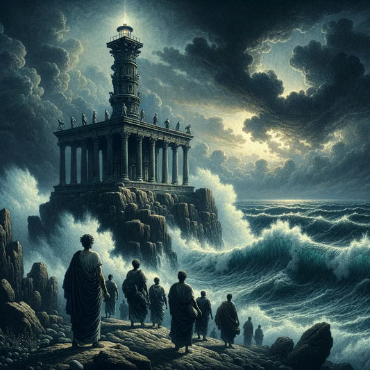 An ancient Roman lighthouse stands firm against stormy seas, embodying resilience and guidance, in a style reminiscent of 1960s historical epics.
