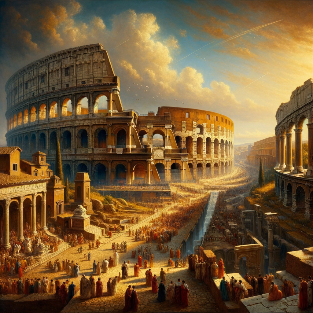 Cinematic view of the Colosseum and aqueducts in ancient Rome, capturing architectural grandeur and city life in a style reminiscent of 1960s historical epic films.
