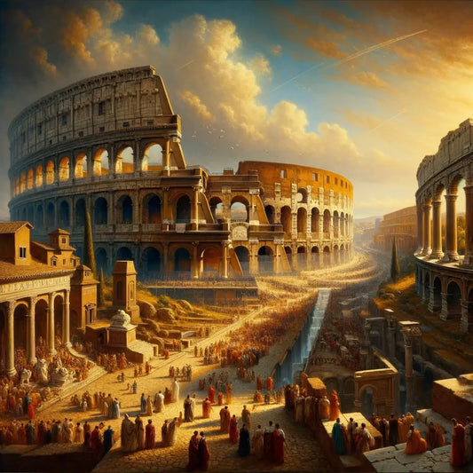 Cinematic view of the Colosseum and aqueducts in ancient Rome, capturing architectural grandeur and city life in a style reminiscent of 1960s historical epic films.
