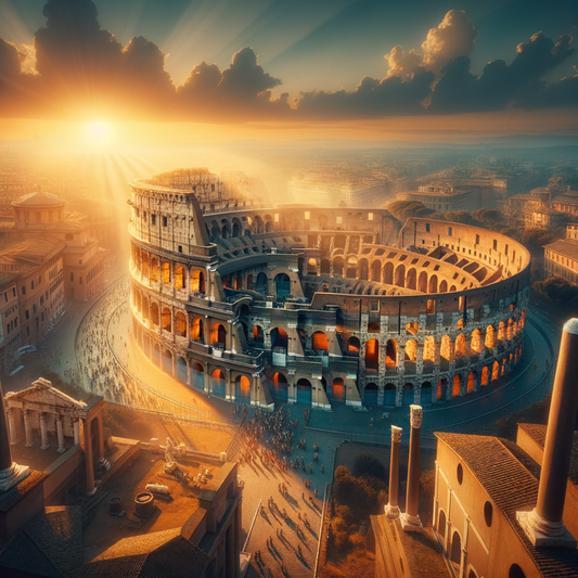 Majestic view of the Colosseum at sunset with a vibrant Roman cityscape, painted in the style of classic 1960s historical films.