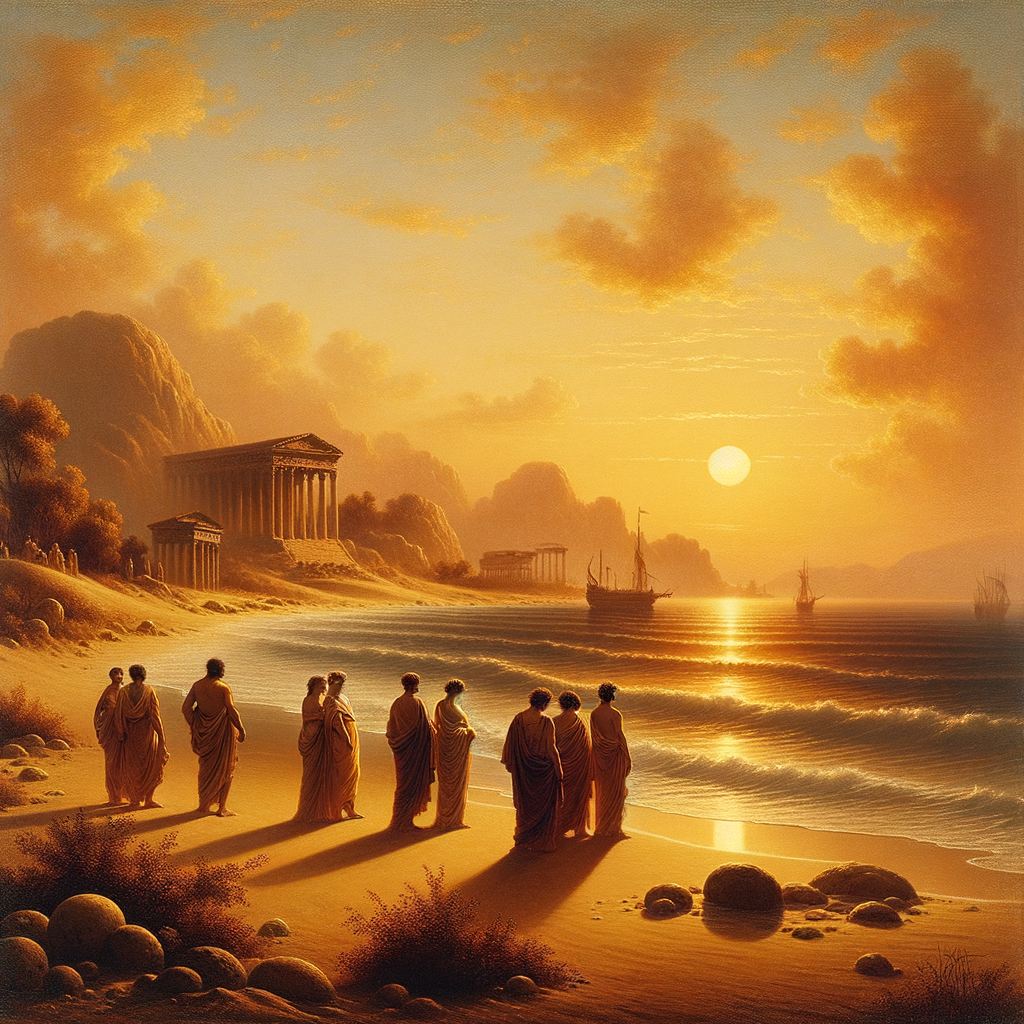 A tranquil Roman coastal scene at sunset reflecting Seneca's philosophy, with figures in togas by the gentle waves.