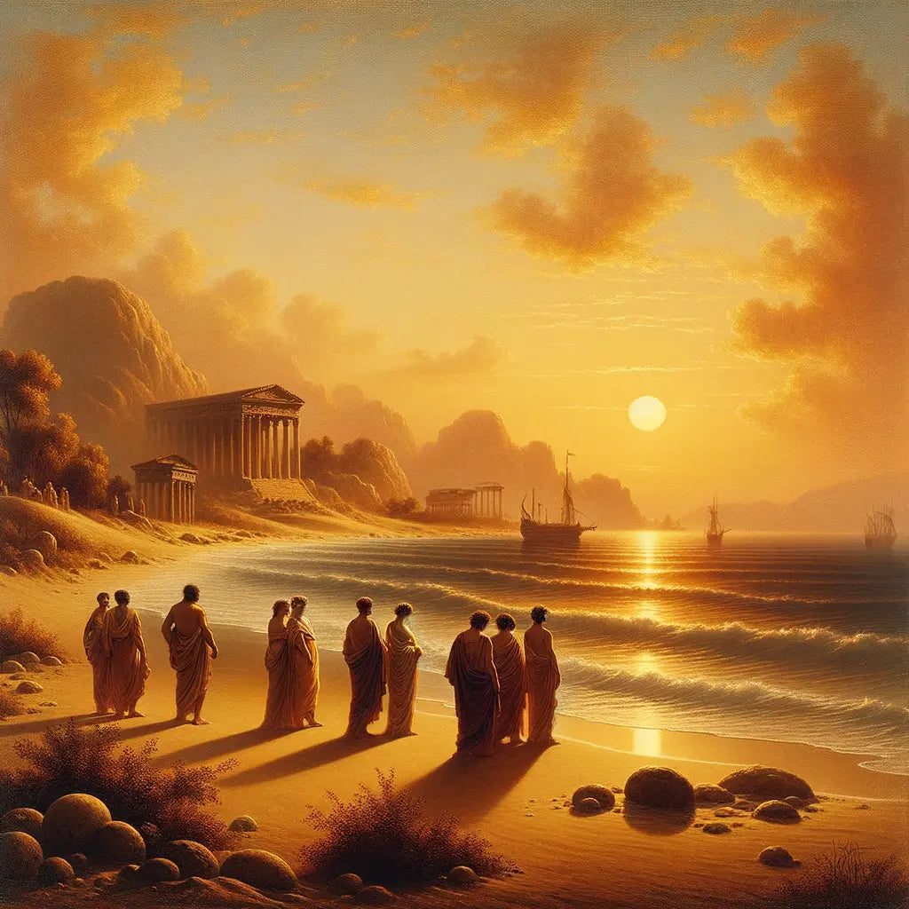 A tranquil Roman coastal scene at sunset reflecting Seneca's philosophy, with figures in togas by the gentle waves.